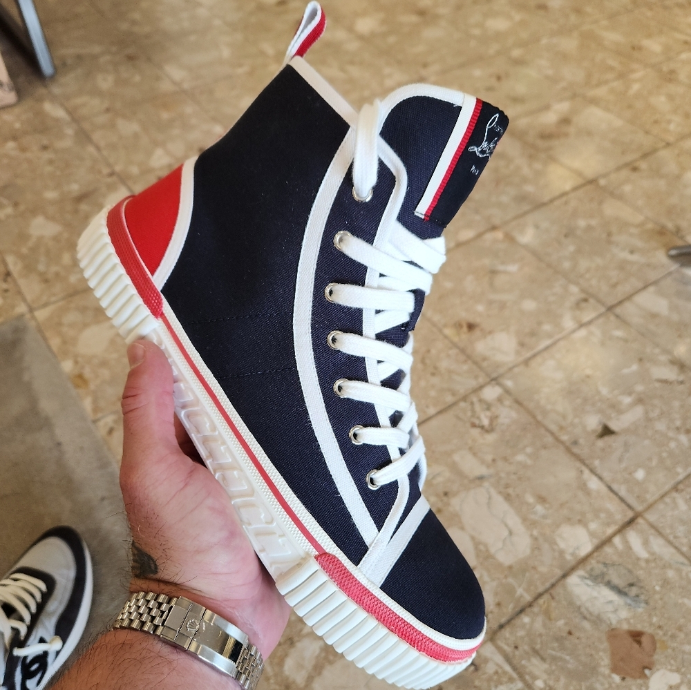 Christian Louboutin Blue and Red High-Top Sneakers